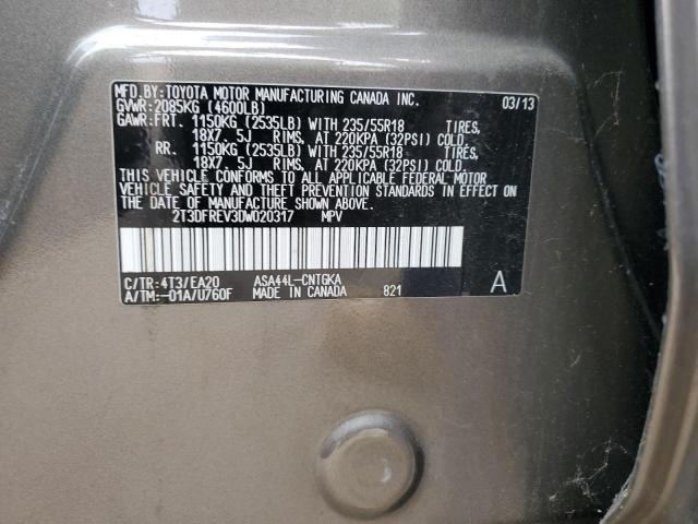 2T3DFREV3DW020317 - 2013 TOYOTA RAV4 LIMITED BROWN photo 13