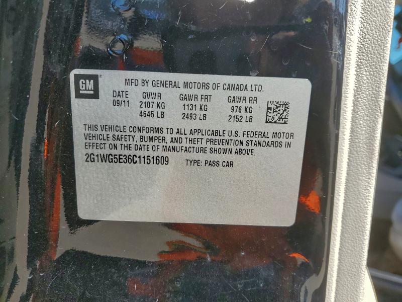 2G1WG5E36C1151609 - 2012 CHEVROLET IMPALA LT შავი ფოტო 12