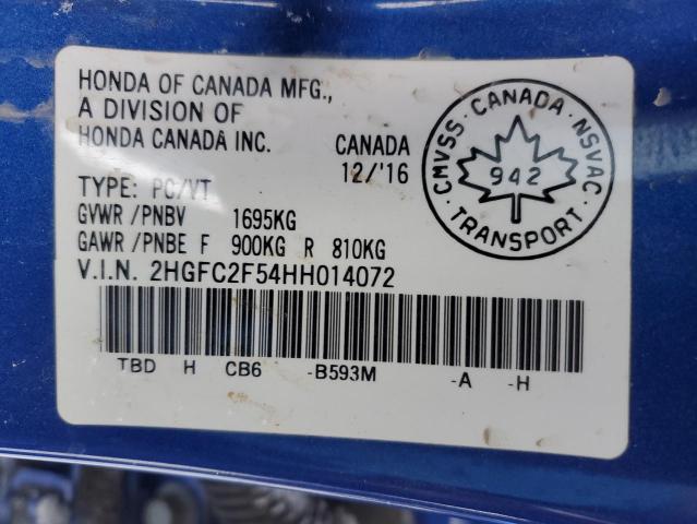 2HGFC2F54HH014072 - 2017 HONDA CIVIC LX Bleu photo 12