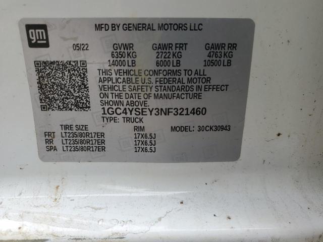 1GC4YSEY3NF321460 - 2022 CHEVROLET SILVERADO K3500 თეთრი ფოტო 12