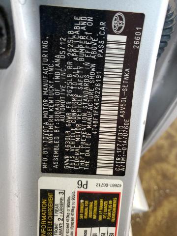 4T4BF1FK4CR226191 - 2012 TOYOTA CAMRY BASE Gümüş foto 13