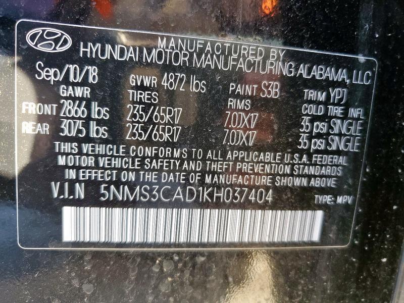 5NMS3CAD1KH037404 - 2019 HYUNDAI SANTA FE SEL Negro foto 12