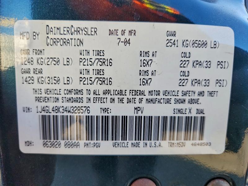 1J4GL48K34W328576 - 2004 JEEP LIBERTY SPORT მწვანე ფოტო 13