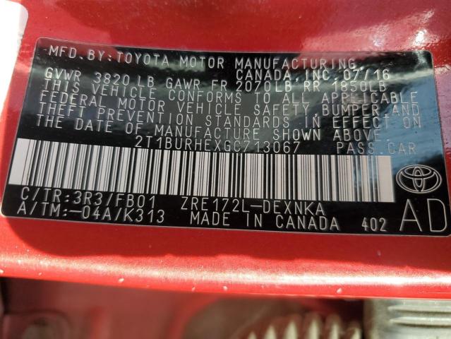 2T1BURHEXGC713067 - 2016 TOYOTA COROLLA L წითელი ფოტო 12