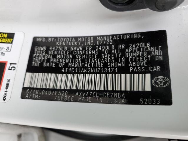 4T1C11AK2NU713171 - 2022 TOYOTA CAMRY LE WHITE photo 12
