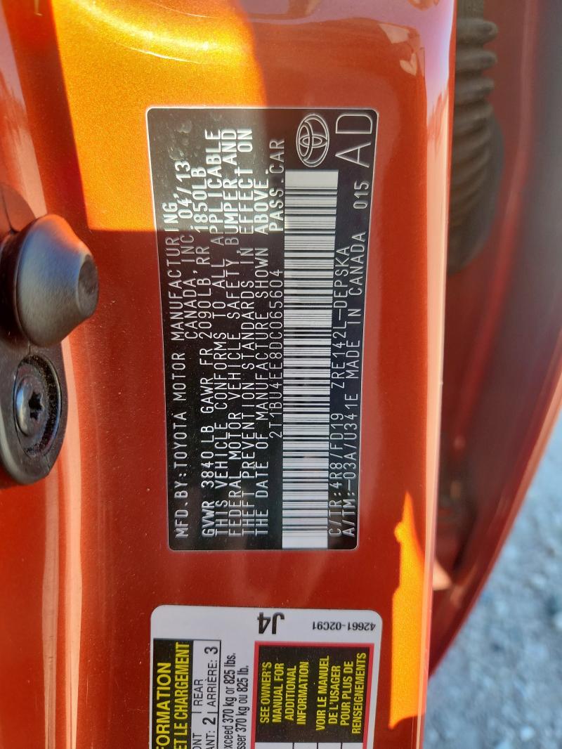 2T1BU4EE8DC065604 - 2013 TOYOTA COROLLA BASE Նարնջագույն լուսանկար 12