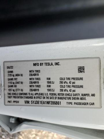 5YJ3E1EA1NF286861 - 2022 TESLA MODEL 3 WHITE photo 12