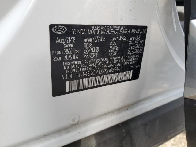 5NMS3CADXKH029401 - 2019 HYUNDAI SANTA FE SEL Սպիտակ լուսանկար 13