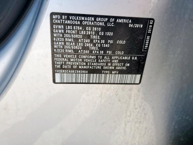 1V2ER2CA0KC562654 - 2019 VOLKSWAGEN ATLAS SEL Silber Foto 13