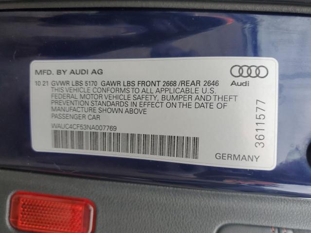 WAUC4CF53NA007769 - 2022 AUDI S5 PREMIUM PLUS Mavi fotoğraf 12