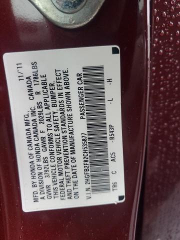 2HGFB2F82CH535877 - 2012 HONDA CIVIC EX MAROON photo 12