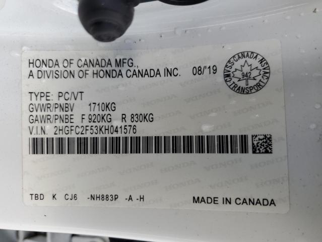 2HGFC2F53KH041576 - 2019 HONDA CIVIC LX WHITE photo 12