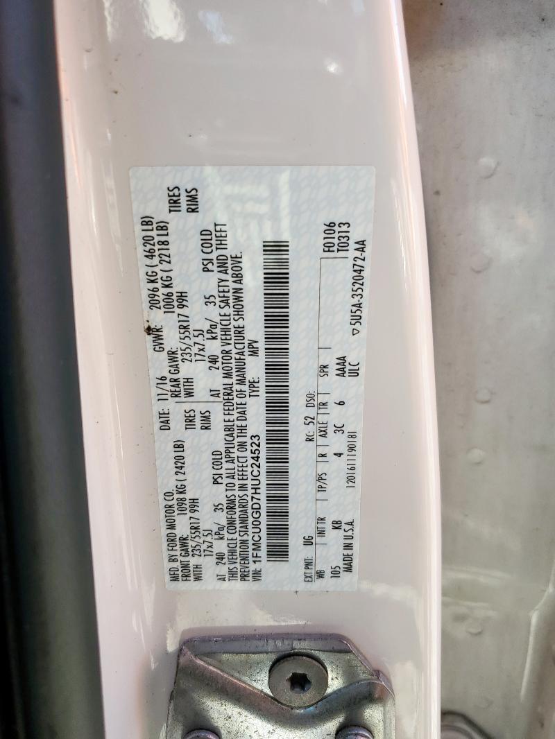 1FMCU0GD7HUC24523 - 2017 FORD ESCAPE SE 白色 照片 12