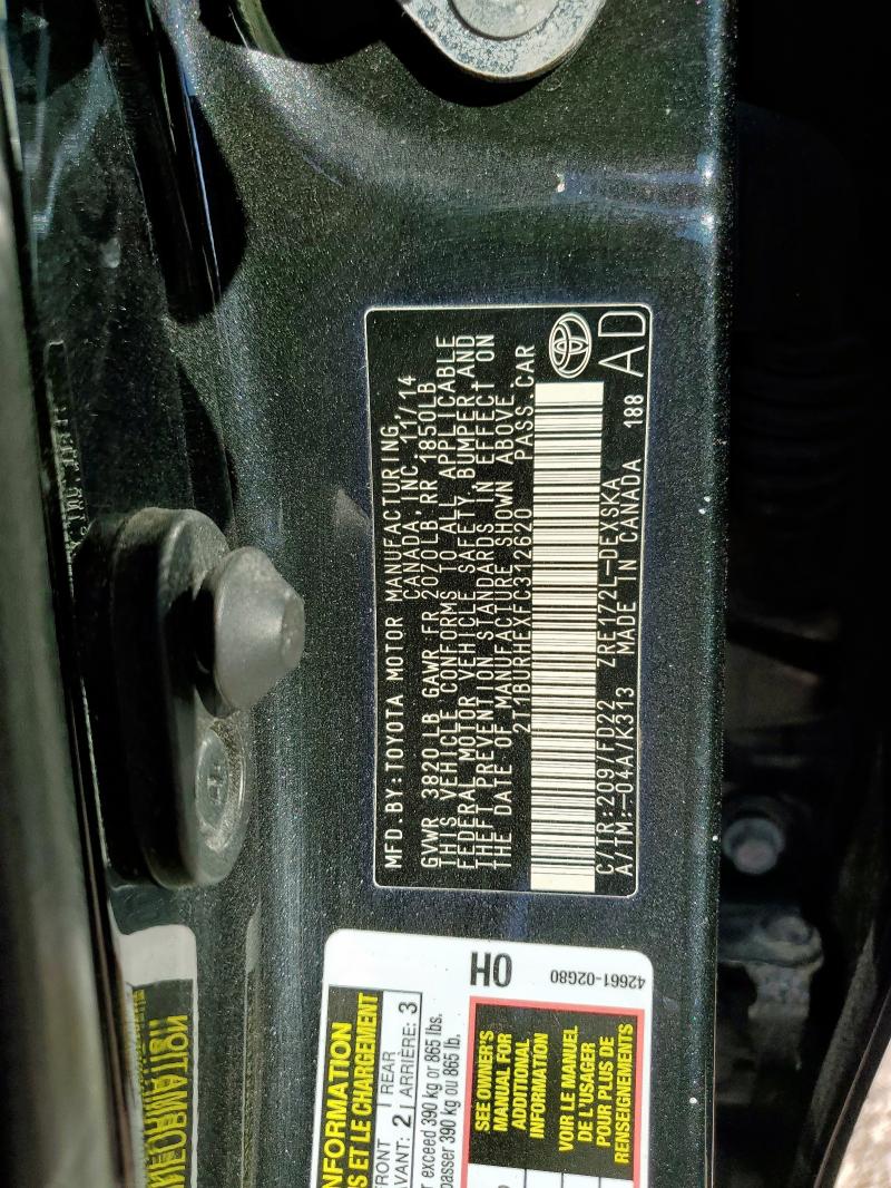 2T1BURHEXFC312620 - 2015 TOYOTA COROLLA L Սև լուսանկար 12