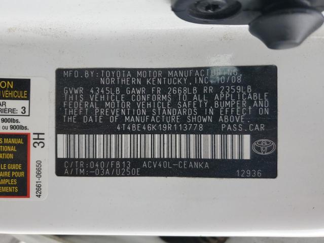 4T4BE46K19R113778 - 2009 TOYOTA CAMRY BASE თეთრი ფოტო 12