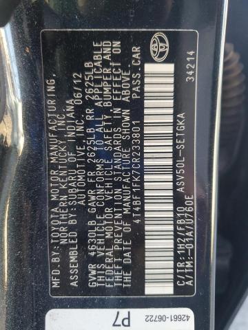 4T4BF1FK7CR233801 - 2012 TOYOTA CAMRY BASE BLACK photo 12