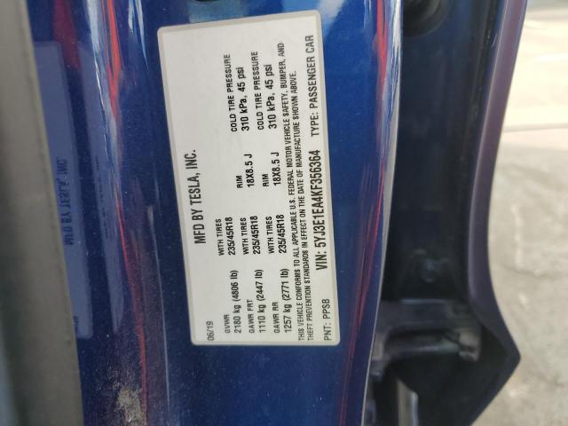 5YJ3E1EA4KF356364 - 2019 TESLA MODEL 3 Blau Foto 12