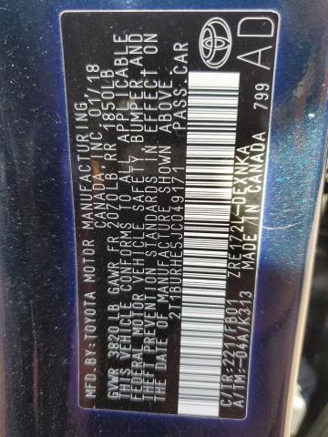 2T1BURHE5JC049171 - 2018 TOYOTA COROLLA L BLUE photo 12