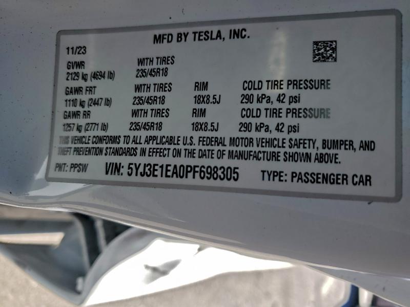 5YJ3E1EA0PF698305 - 2023 TESLA MODEL 3 თეთრი ფოტო 13