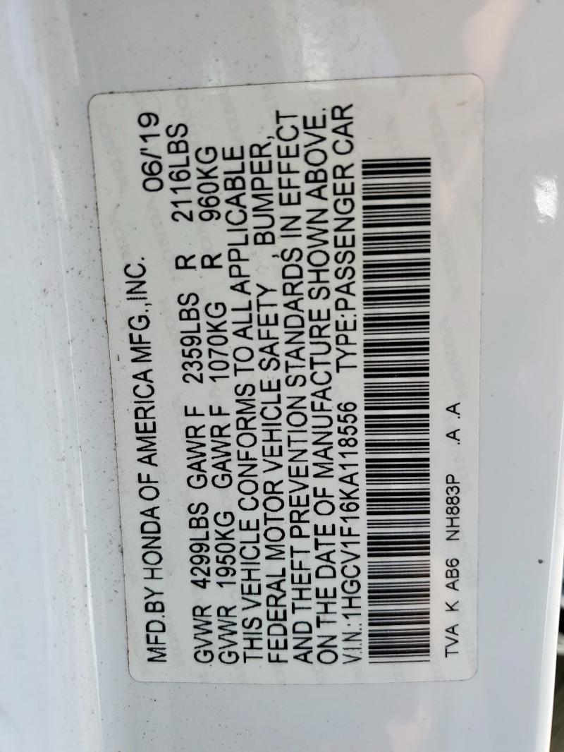 1HGCV1F16KA118556 - 2019 HONDA ACCORD LX Ağ foto 13