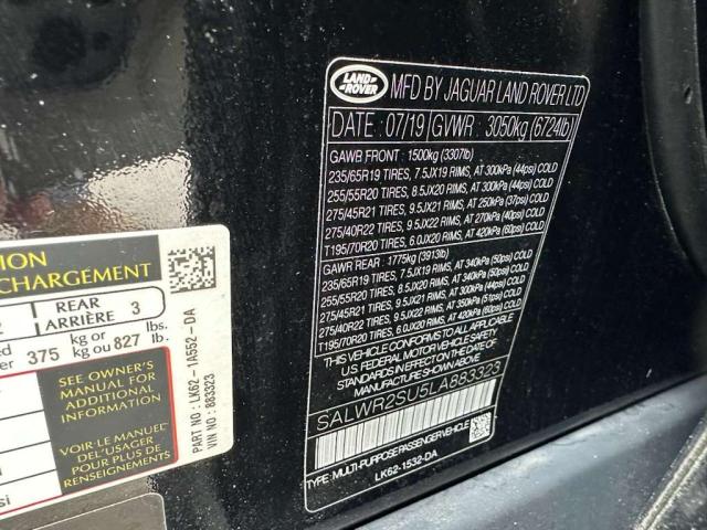 SALWR2SU5LA883323 - 2020 LAND ROVER RANGE ROVE HSE BLACK photo 10