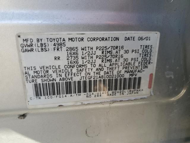 JTEGF21A810021000 - 2001 TOYOTA HIGHLANDER SILVER photo 13