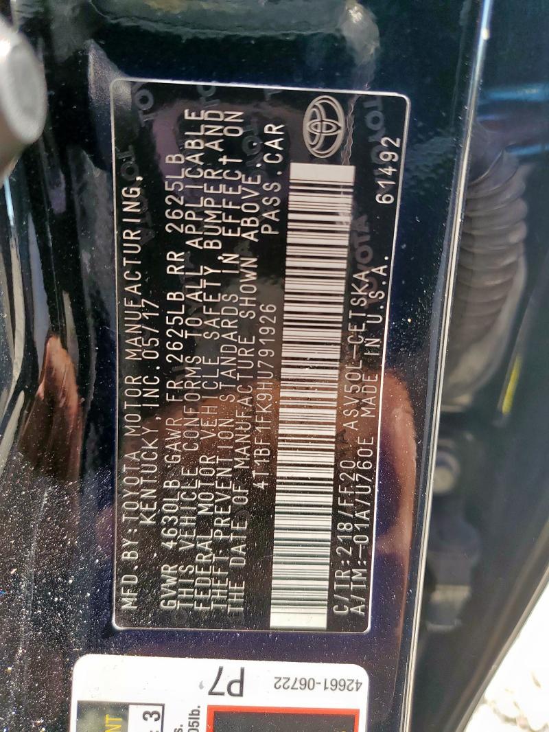 4T1BF1FK9HU791926 - 2017 TOYOTA CAMRY LE 黑色 照片 12