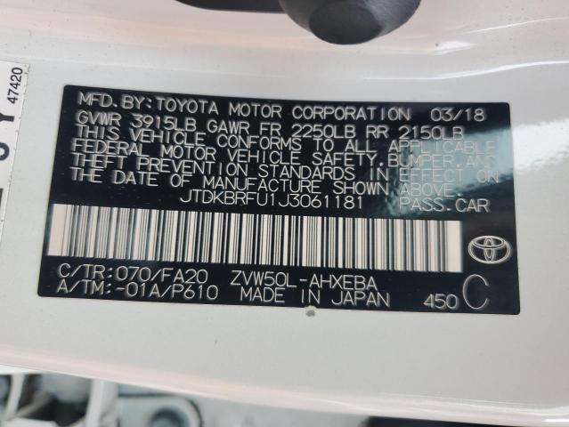 JTDKBRFU1J3061181 - 2018 TOYOTA PRIUS WHITE photo 13