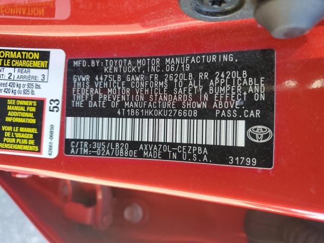 4T1B61HK0KU276608 - 2019 TOYOTA CAMRY XSE RED photo 12