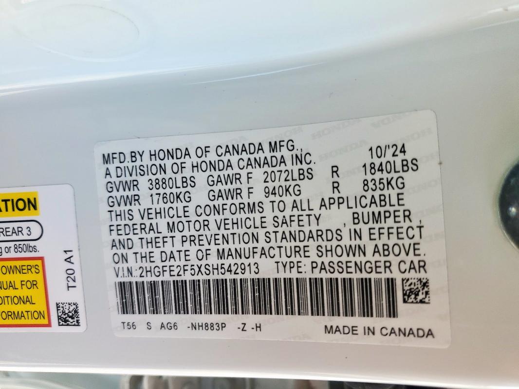2HGFE2F5XSH542913 - 2025 HONDA CIVIC SPORT თეთრი ფოტო 12