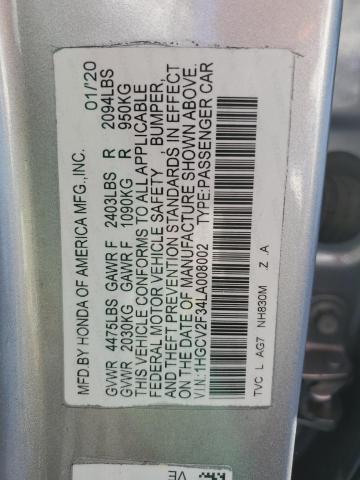 1HGCV2F34LA008002 - 2020 HONDA ACCORD SPORT 银色 照片 12