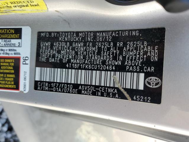 4T1BF1FK6CU120464 - 2012 TOYOTA CAMRY BASE SILVER photo 12