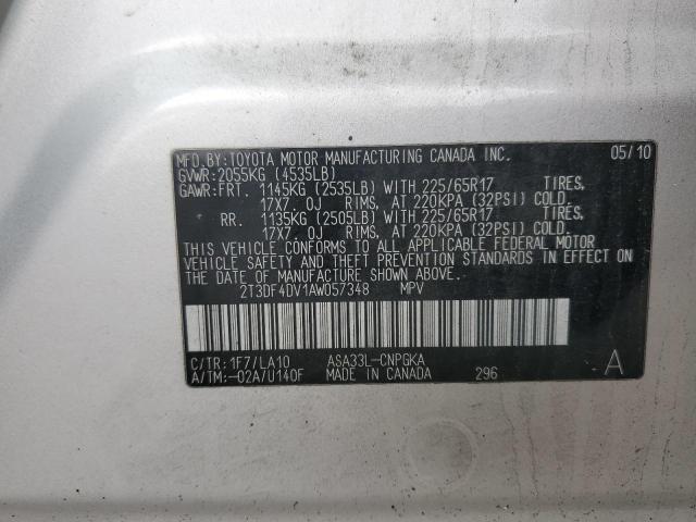 2T3DF4DV1AW057348 - 2010 TOYOTA RAV4 LIMITED 银色 照片 12