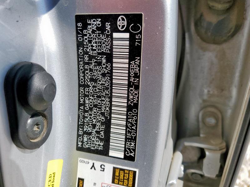 JTDKBRFU5J3591766 - 2018 TOYOTA PRIUS SILVER photo 13