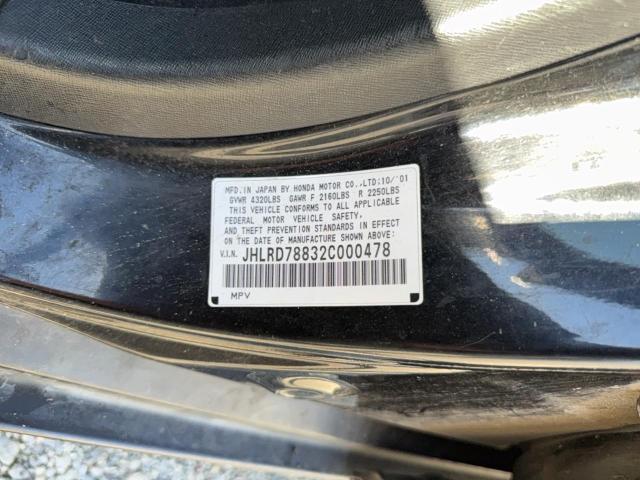 JHLRD78832C000478 - 2002 HONDA CR-V EX Қара фото 10