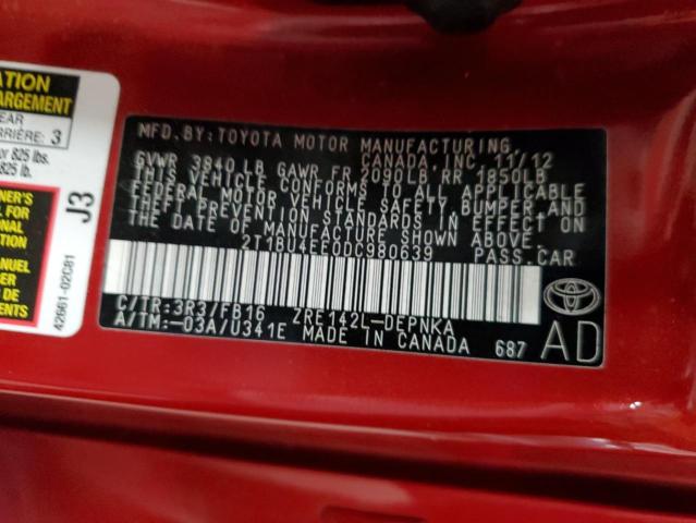 2T1BU4EE0DC980639 - 2013 TOYOTA COROLLA BASE წითელი ფოტო 13