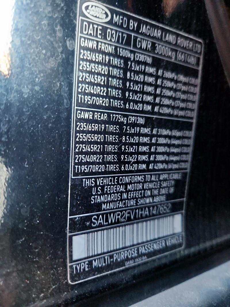 SALWR2FV1HA147652 - 2017 LAND ROVER RANGE ROVE HSE BLACK photo 13