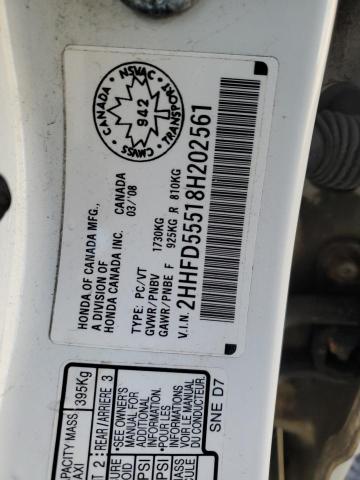 2HHFD55518H202561 - 2008 ACURA CSX WHITE photo 12