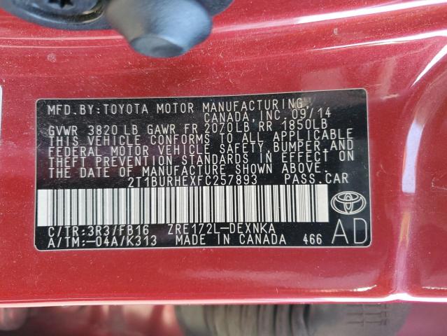 2T1BURHEXFC257893 - 2015 TOYOTA COROLLA L RED photo 12