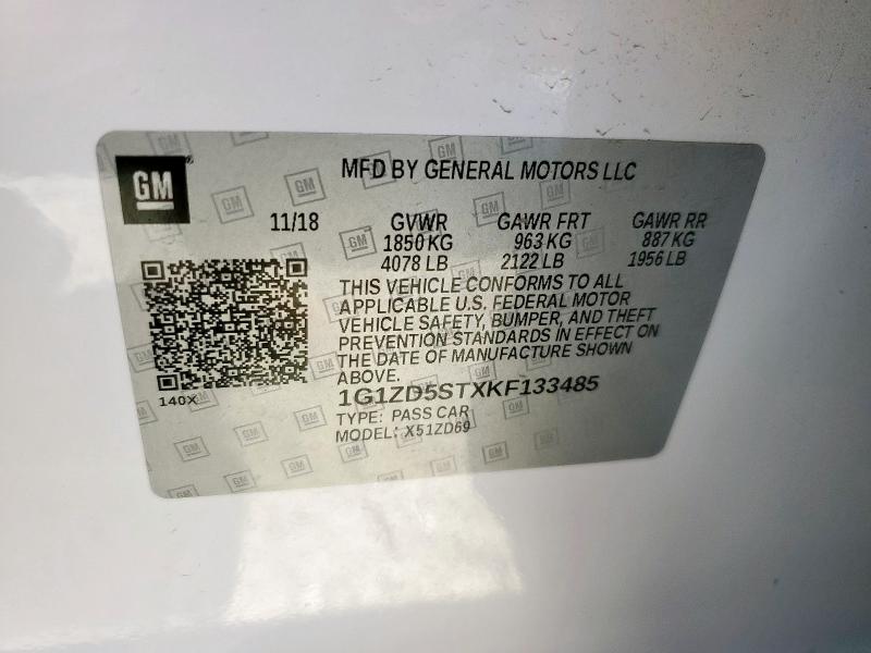 1G1ZD5STXKF133485 - 2019 CHEVROLET MALIBU LT أبيض صورة 12