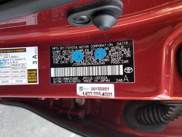 JTDBVRBD4KA006346 - 2019 TOYOTA MIRAI Бордовый фото 12