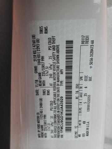 1FMCU9GD1KUA43929 - 2019 FORD ESCAPE SE 白色 照片 13