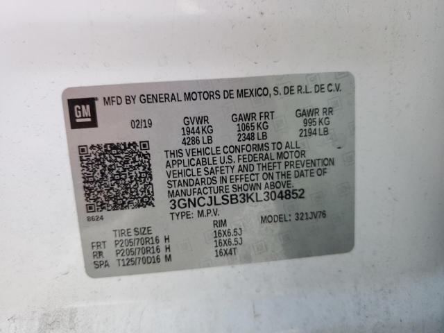 3GNCJLSB3KL304852 - 2019 CHEVROLET TRAX 1LT WHITE photo 13