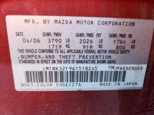 JM1BK32F961518245 - 2006 MAZDA 3 I RED photo 12
