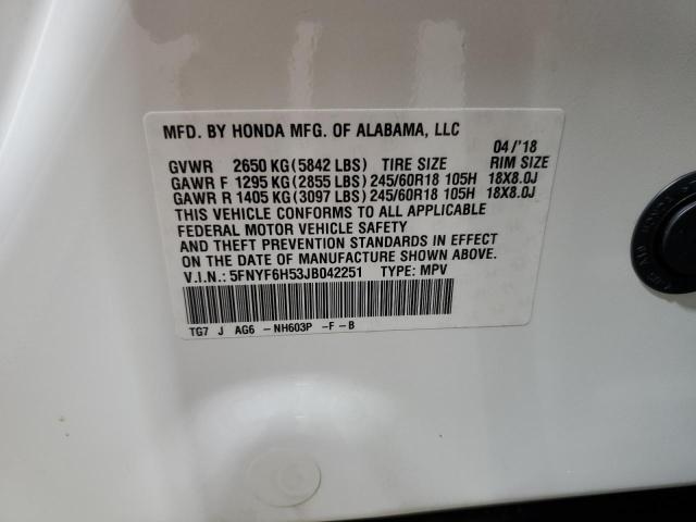 5FNYF6H53JB042251 - 2018 HONDA PILOT EXL Սպիտակ լուսանկար 13