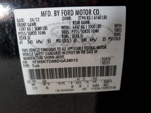 1FM5K7D88DGA38013 - 2013 FORD EXPLORER XLT Negro foto 13