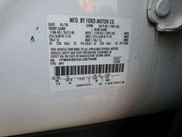 1FMSK8DH2LGB70448 - 2020 FORD EXPLORER XLT WHITE photo 13