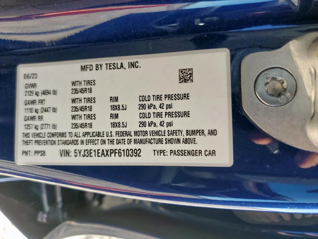 5YJ3E1EAXPF610392 - 2023 TESLA MODEL 3 Mavi foto 12