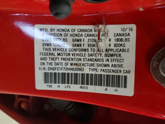 2HGFC1F72HH630963 - 2017 HONDA CIVIC EXL RED photo 12