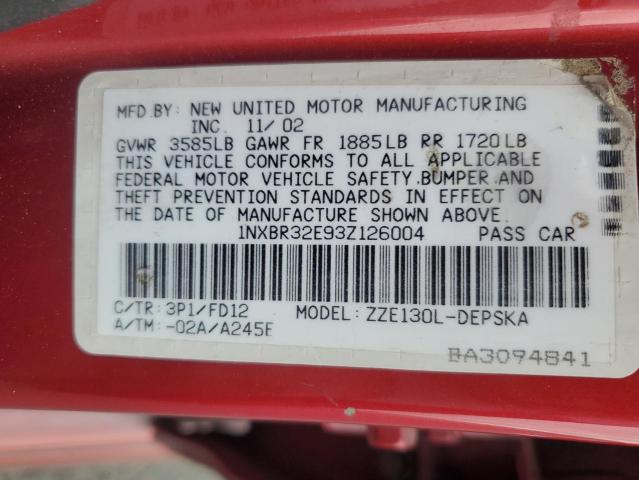 1NXBR32E93Z126004 - 2003 TOYOTA COROLLA CE 红色 照片 13